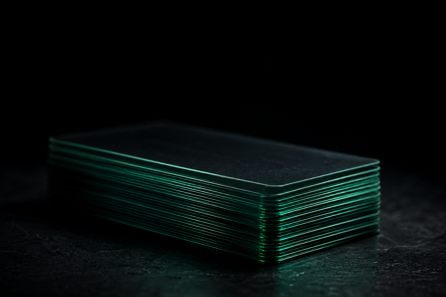A stack of dark glass cards edge-lit in green