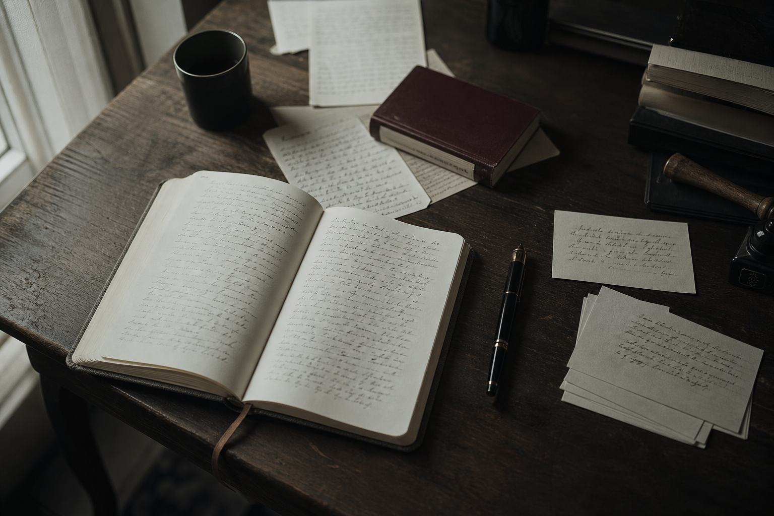 A writing desk with an open notebook, index cards, and a fountain pen