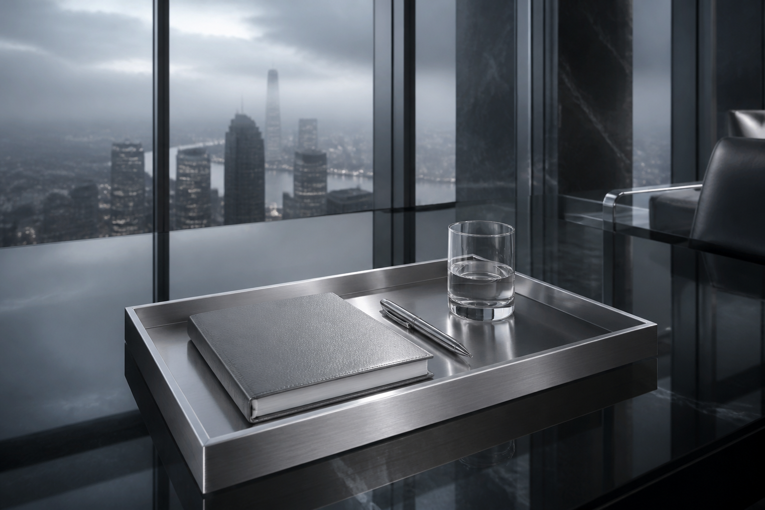 Smoked glass desk with a silver notebook and a glass of water at dusk