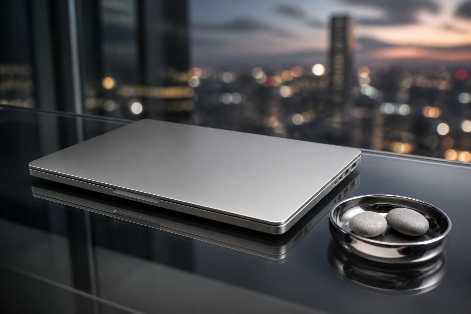 Closed silver laptop on smoked glass beside a small chrome dish