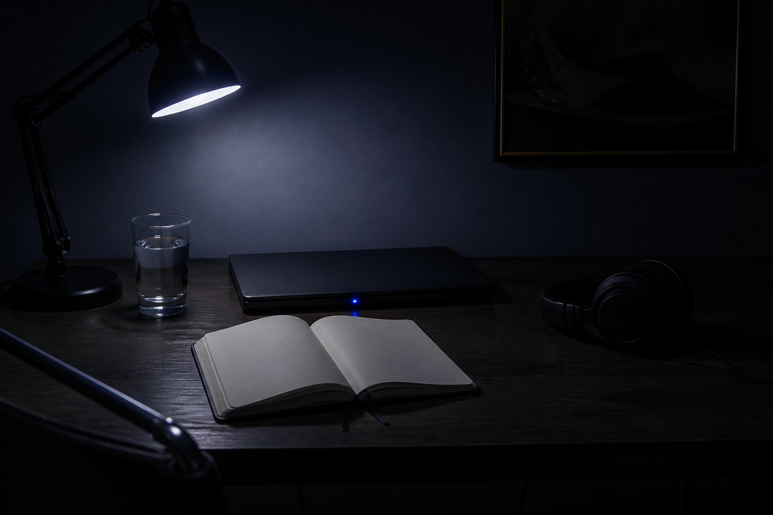 A dark desk lit by a single cool architect lamp, laptop closed