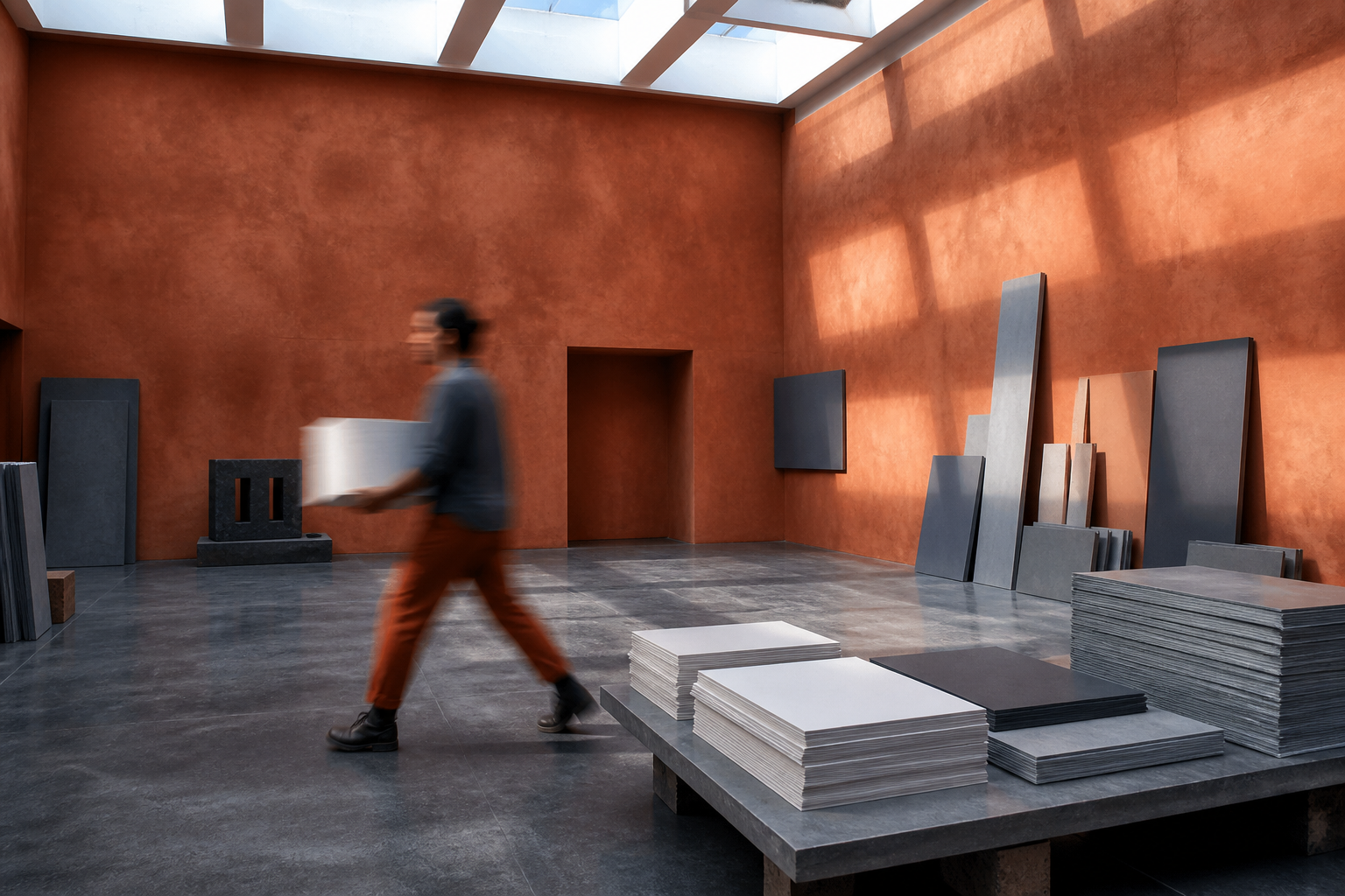 A terracotta studio with paper stacks and a figure in motion