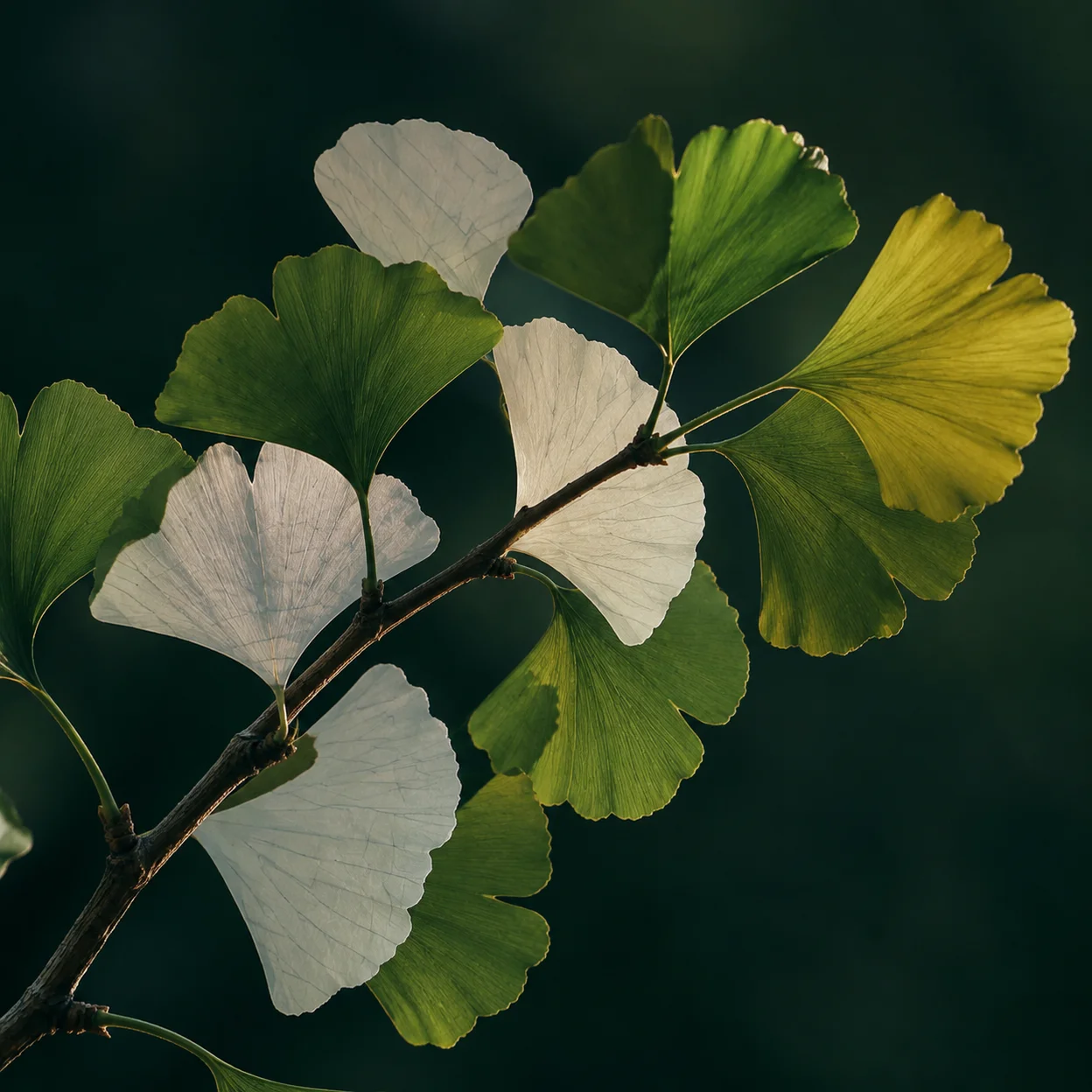 Green and paper ginkgo leaves growing together on a branch