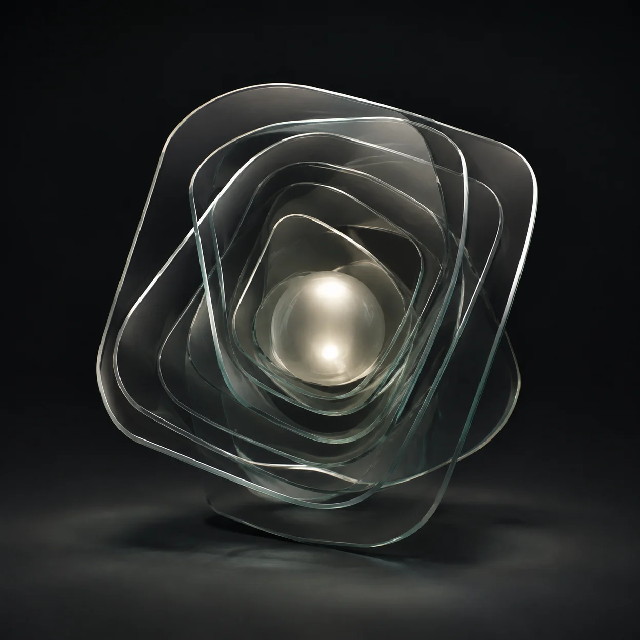 Smoky glass plates orbiting a luminous pearl at their center