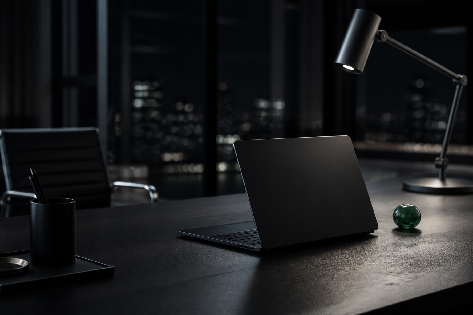 Dark zinc desk with a laptop and an emerald glass paperweight