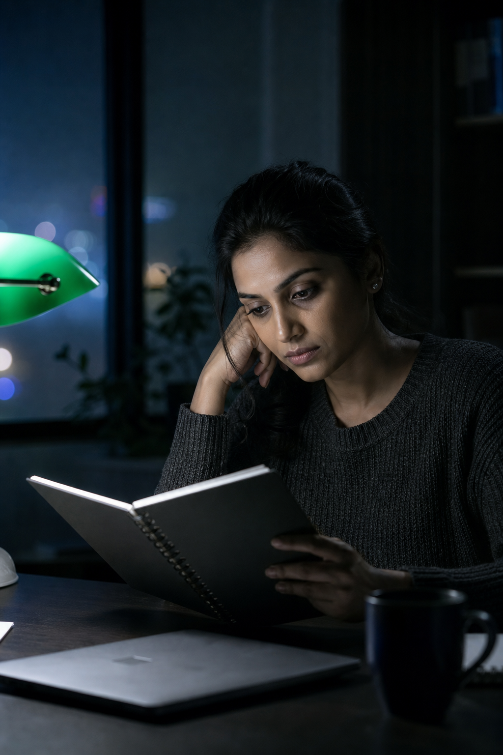 A researcher working in a notebook under a cool desk lamp