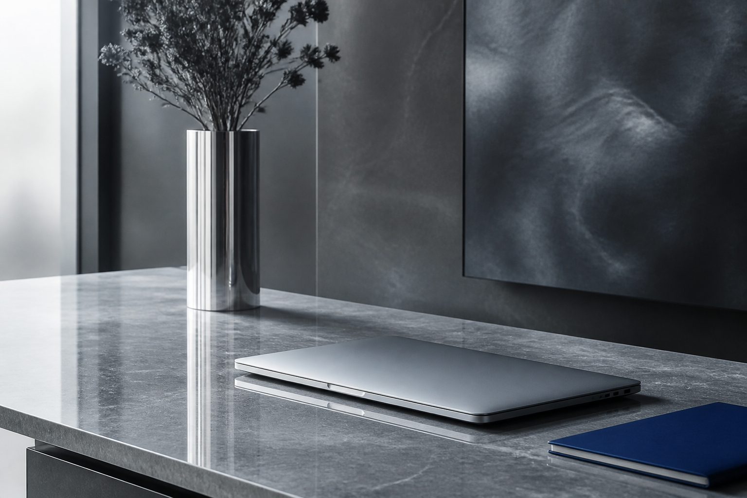 Silver desk with a chrome vase, closed laptop, and a slim blue notebook