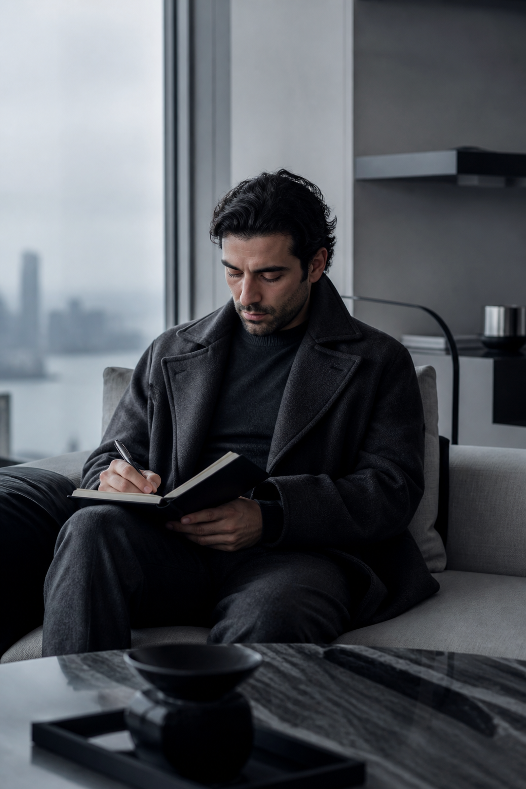 A man writing in a notebook beside a foggy window