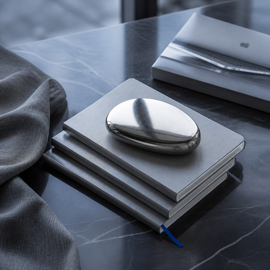 Stacked silver notebooks with a chrome paperweight