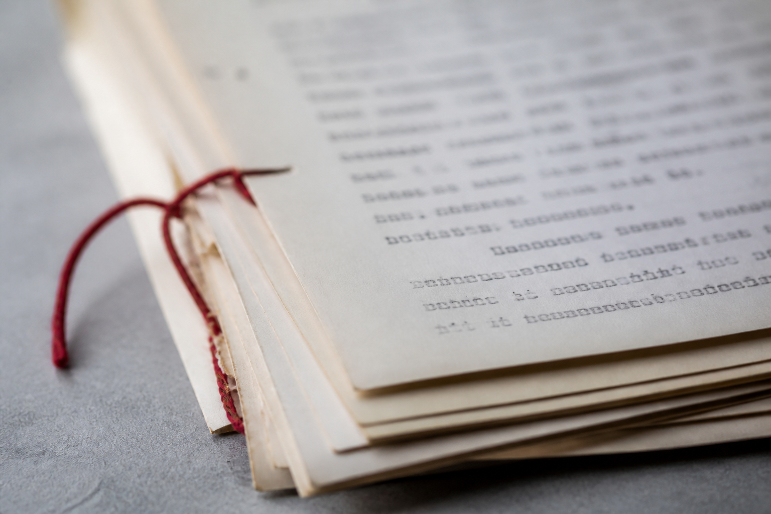 Overlapping typewritten pages bound with rose thread