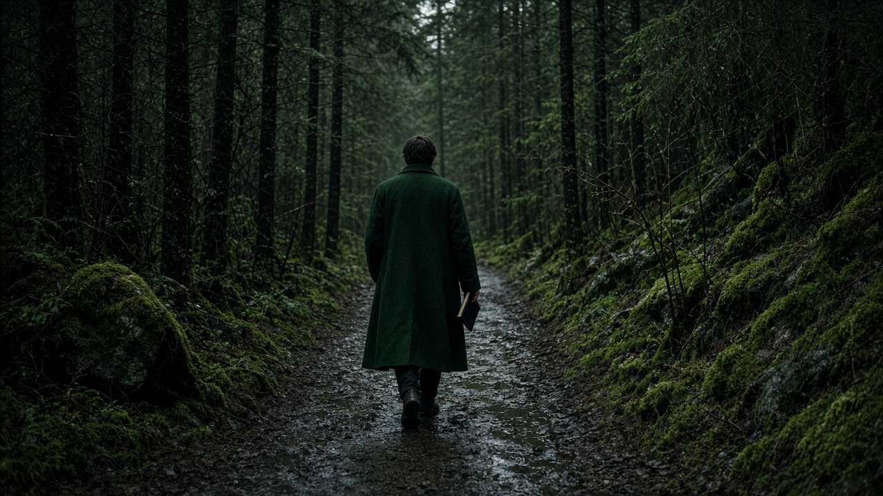 Person in a green coat walking a wet forest path, face turned away