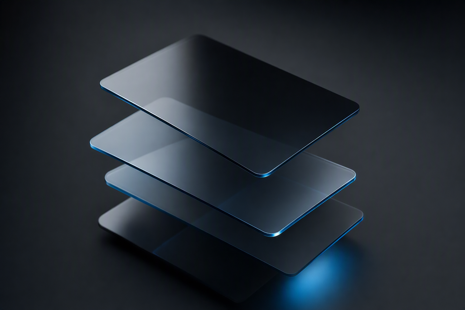 Layered glass cards floating in soft charcoal light