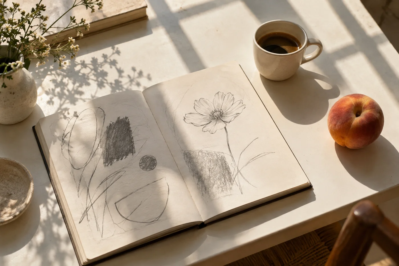 Coffee and an open sketchbook in the morning sun