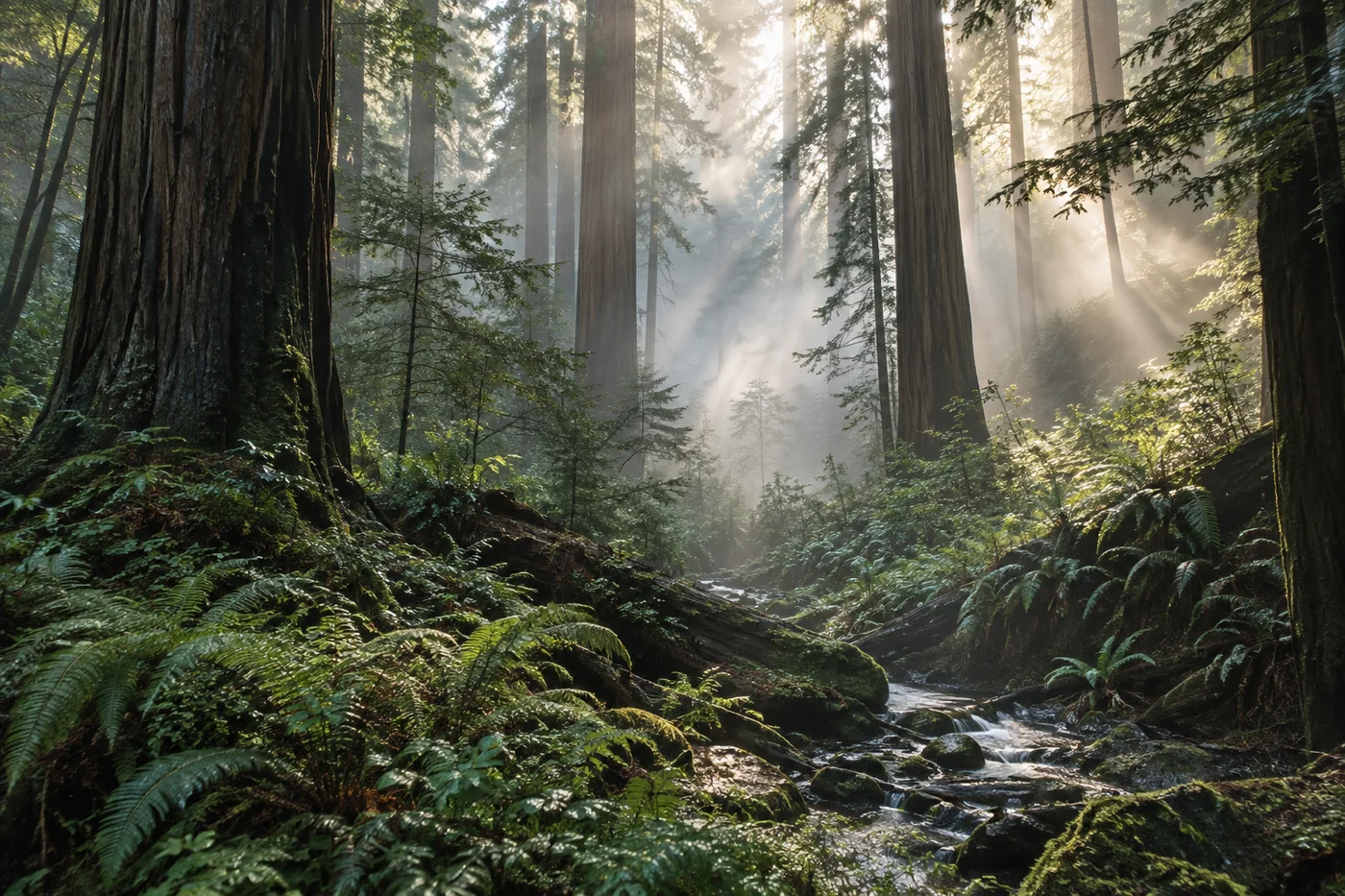 Sunlight and ferns in a redwood forest