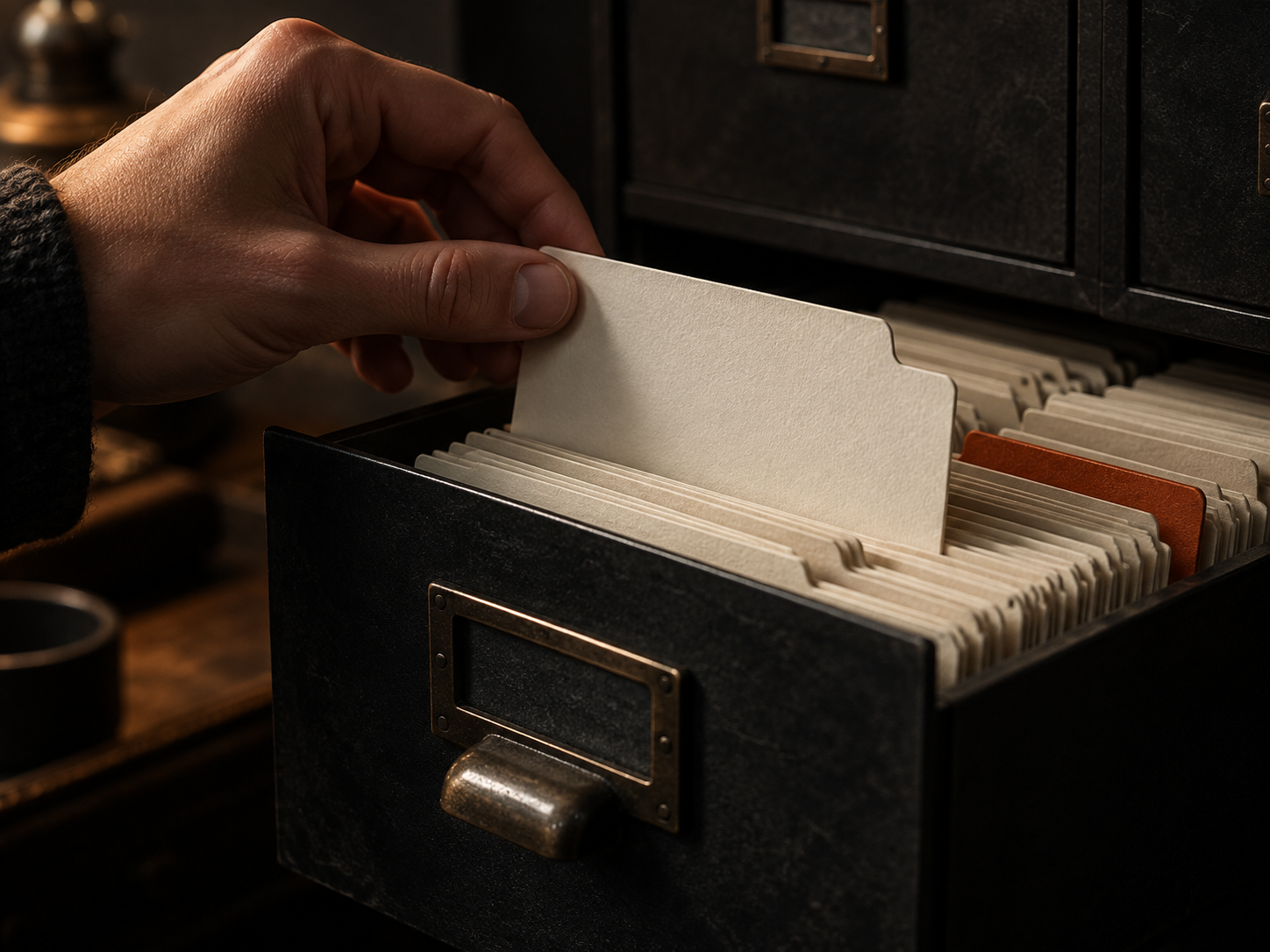 A hand selecting one paper card from an archive