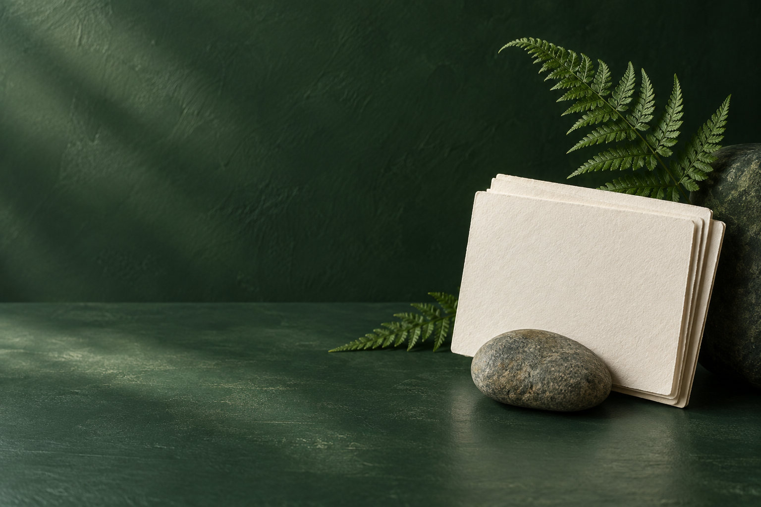 Archival paper cards resting beside a fern and a smooth stone