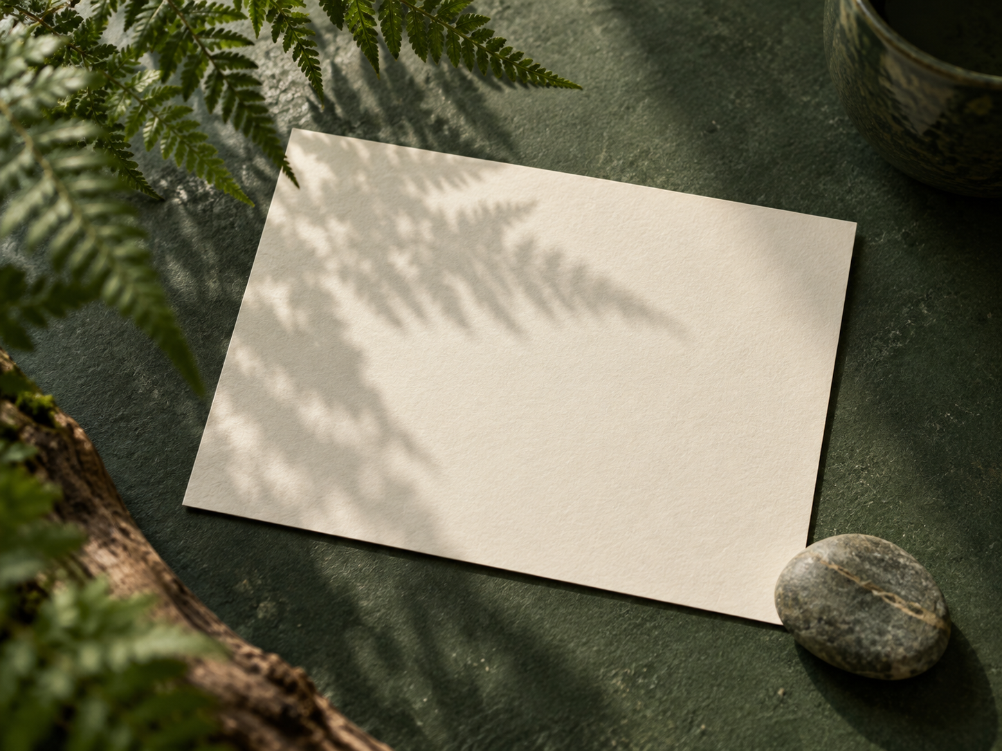 A blank note resting beneath soft fern shadows