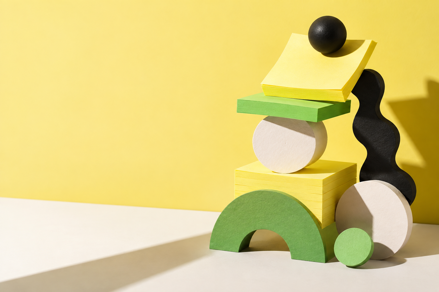 Stacks of bright yellow and green paper balanced with playful shapes