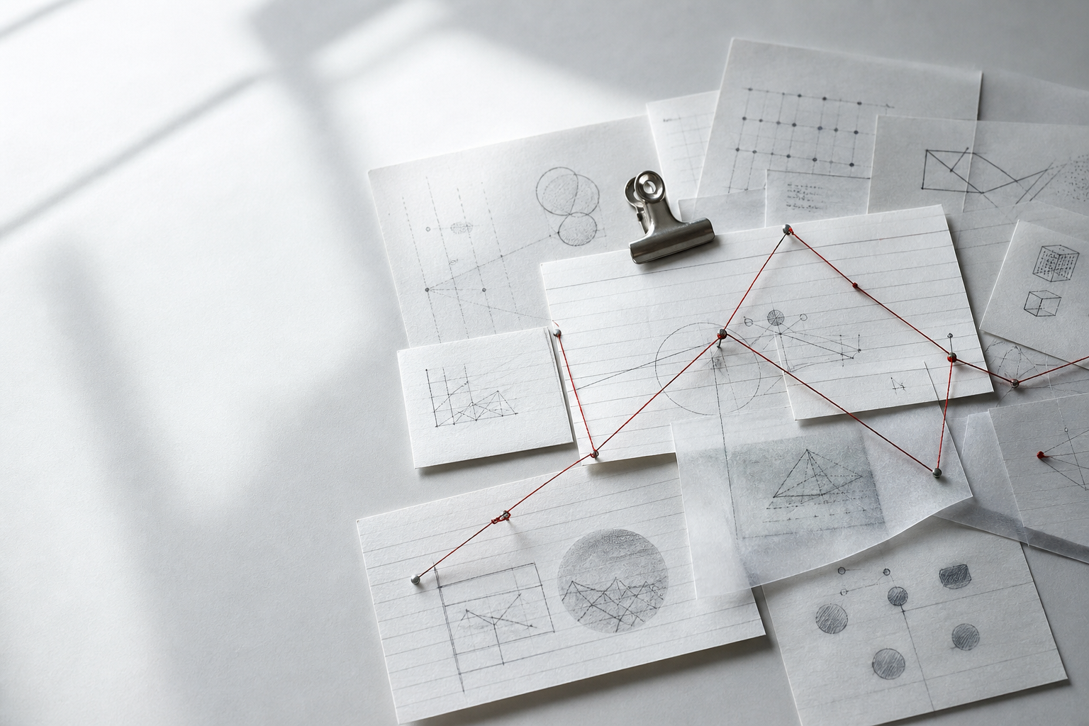 Connected paper notes arranged on a drafting table