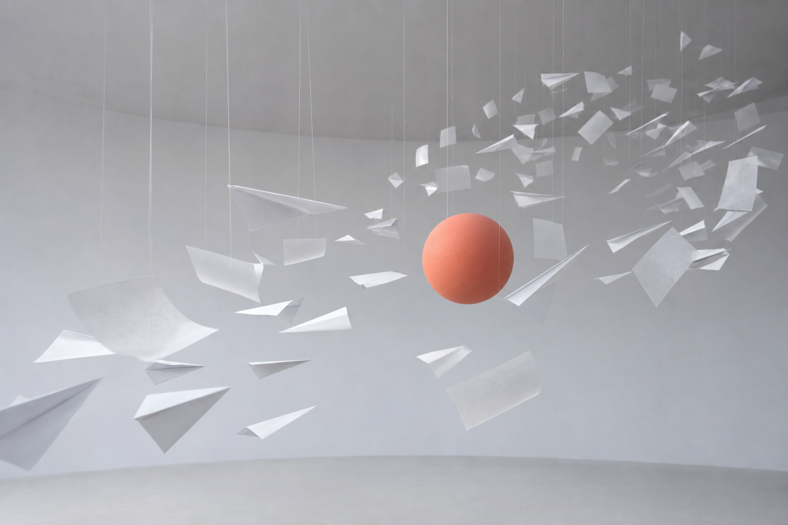 Paper planes suspended around a coral sphere