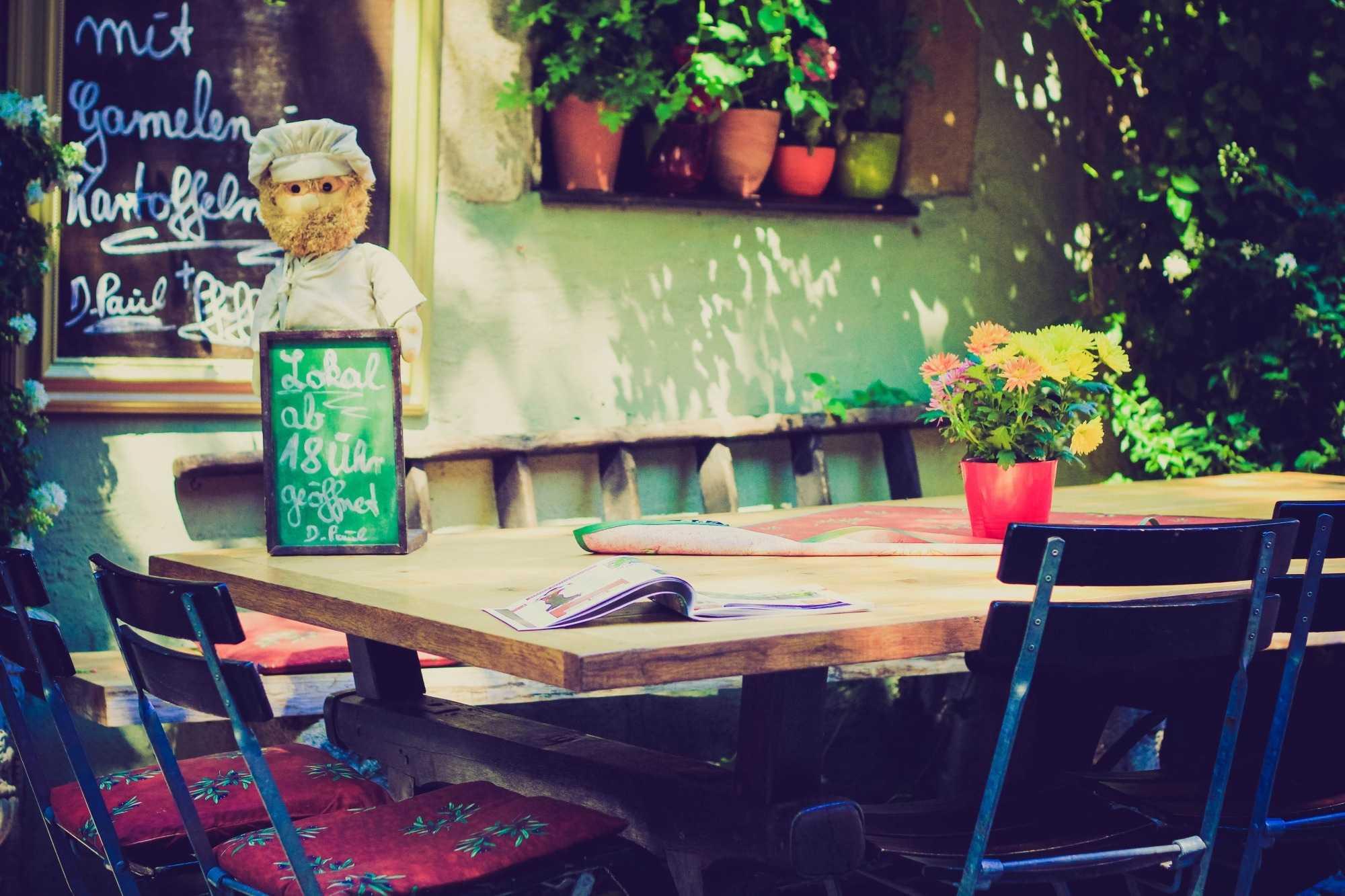 A cafe table under a green vine with potted flowers